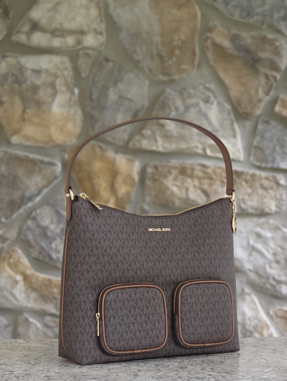 Michael Kors Merritt Large Brown Signature Logo Cargo Shoulder Bag